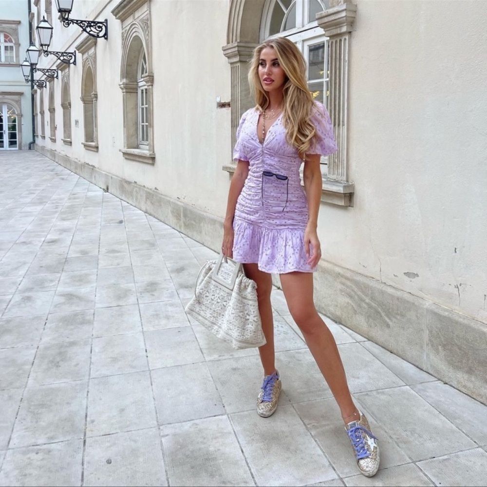 Zara lilac openwork eyelet embroidered draped dress